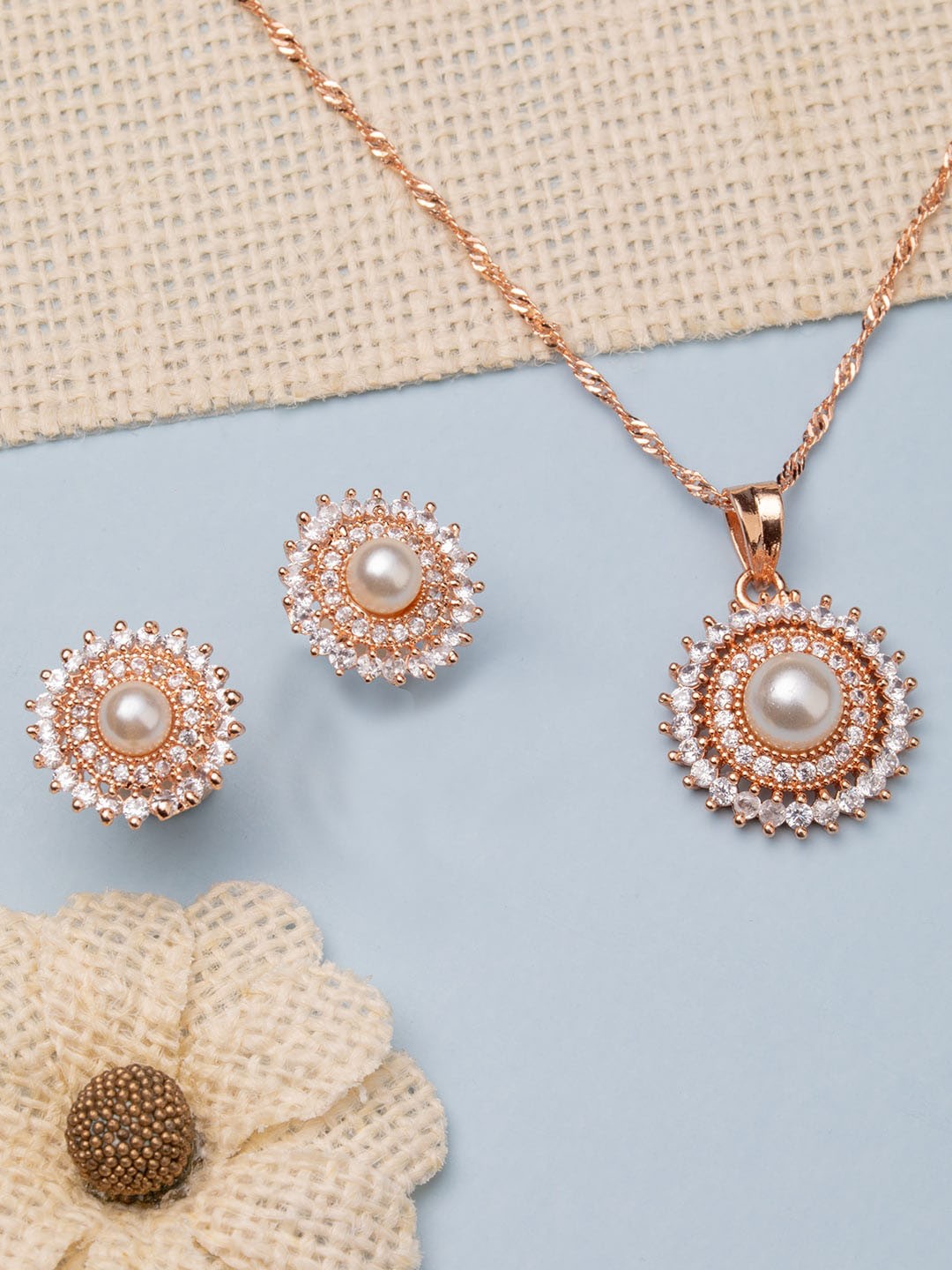 

BARSANO Women Gold Rose-Gold Plated Cubic Zirconia Studded Sphere Jewellery Set