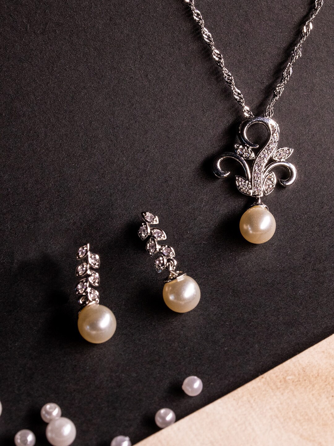 

BARSANO Rhodium-Plated White CZ-Studded & Beaded Handcrafted Jewellery Set, Silver
