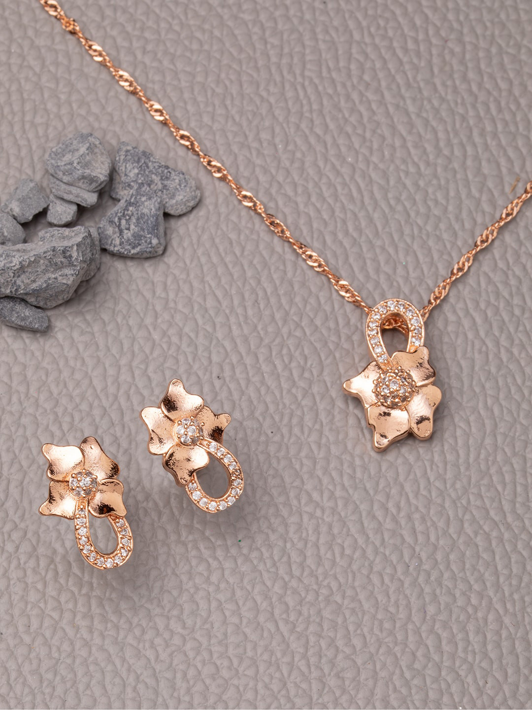 

BARSANO Rose Gold-Plated White CZ-Studded Jewellery Set
