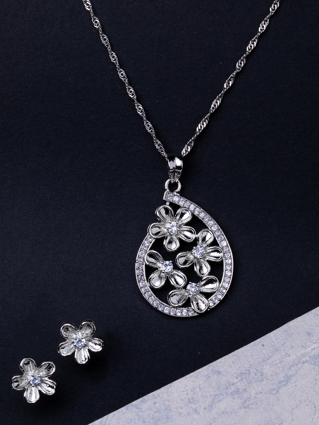 

BARSANO Rhodium-Plated Silver CZ Stone-Studded Jewellery Set