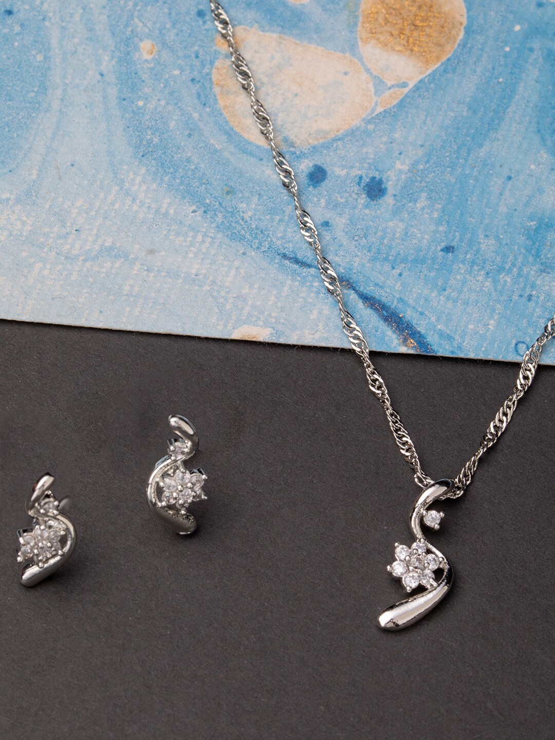

BARSANO Rhodium-Plated Silver-Toned & White CZ-Studded Jewellery Set