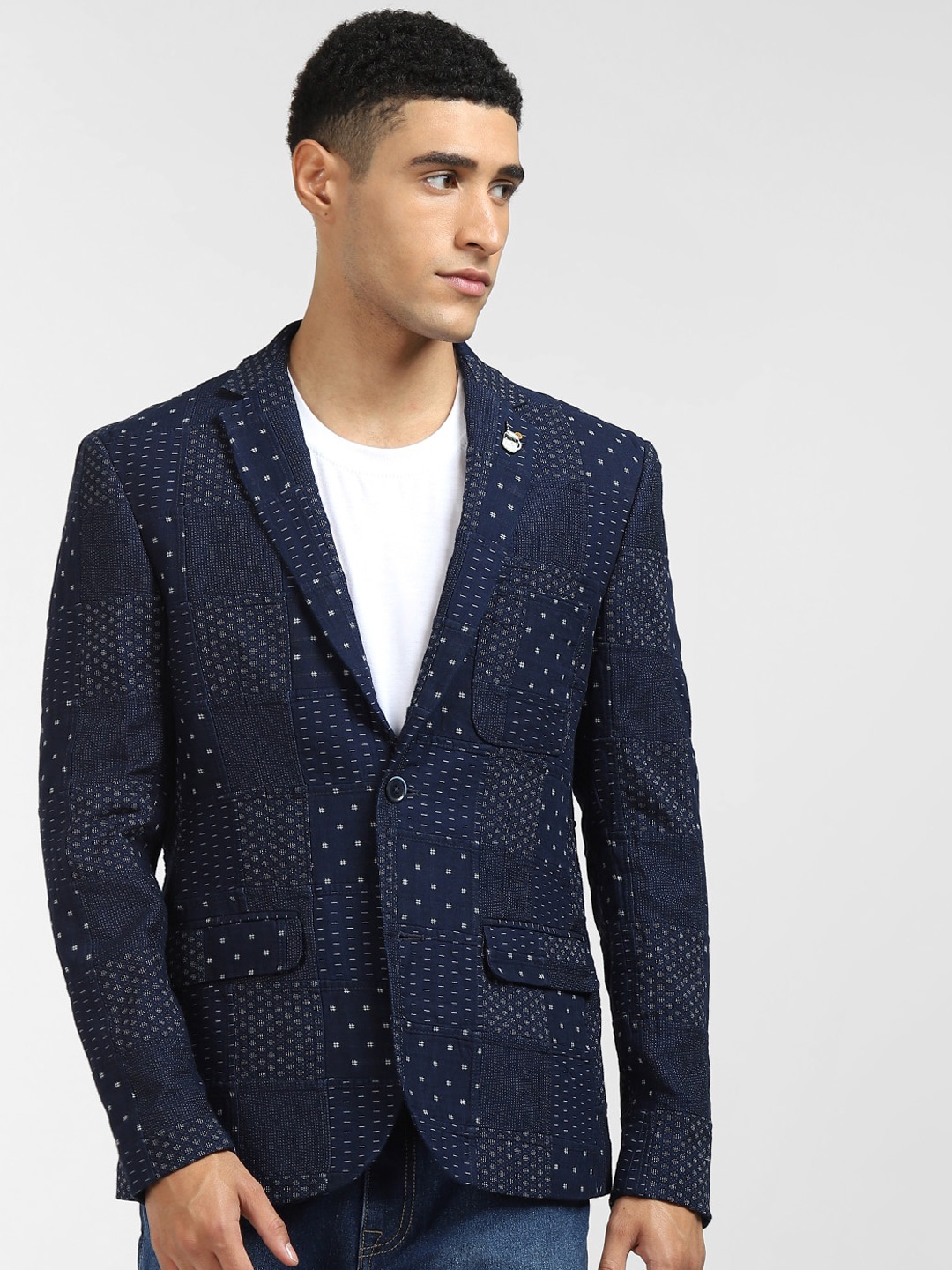 

Jack & Jones Men Navy Blue Printed Patchwork Single-Breasted Blazer