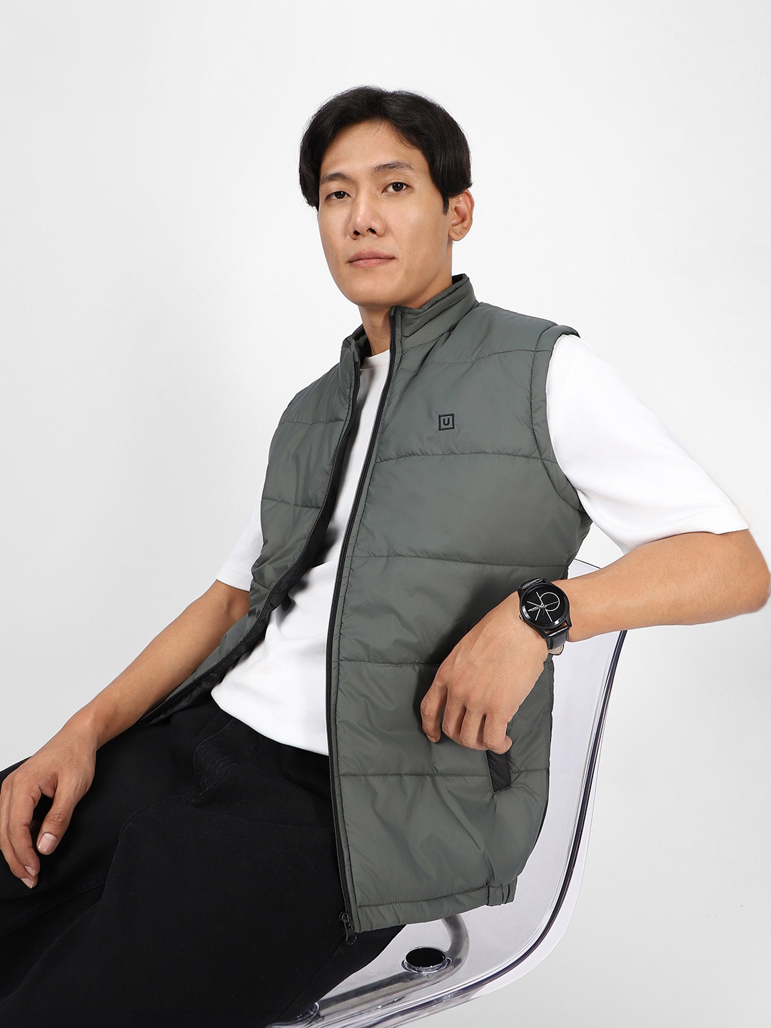 

Urbano Fashion Men Sleeveless Zippered Puffer Jacket, Green