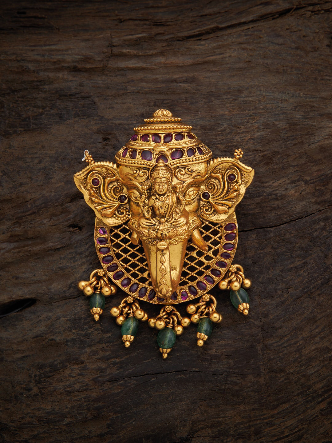 

Kushal's Fashion Jewellery Gold-Plated Red & Green Stone-Studded & Pearl Beaded Pendant