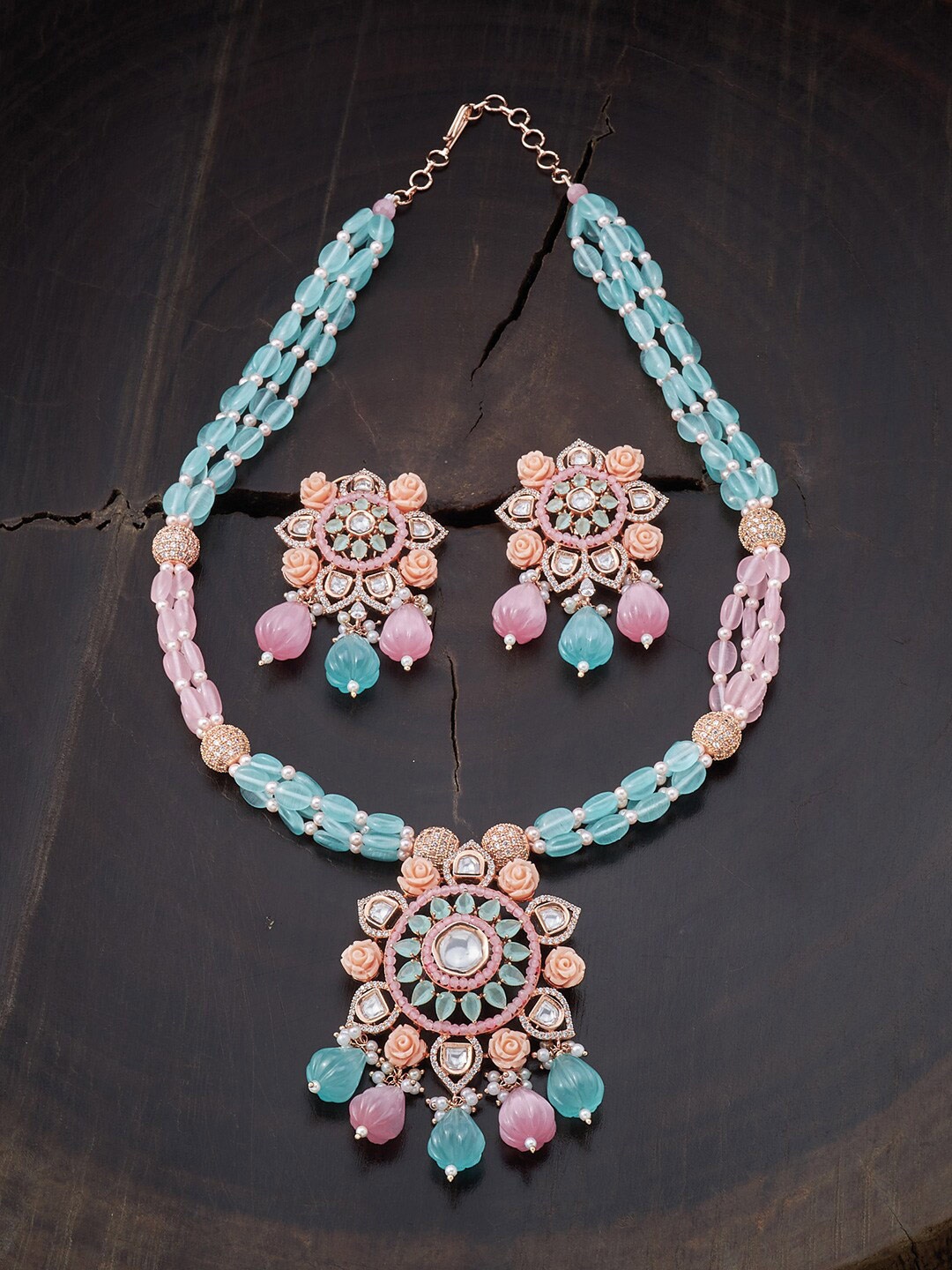 

Kushal's Fashion Jewellery Pink & Sea Green Gold-Plated CZ Layered Necklace