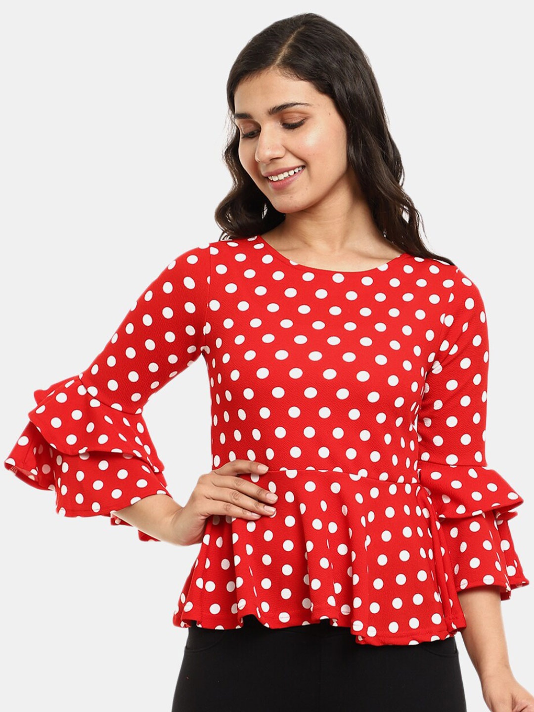 

V-Mart Red Print Peplum Round Neck Top
