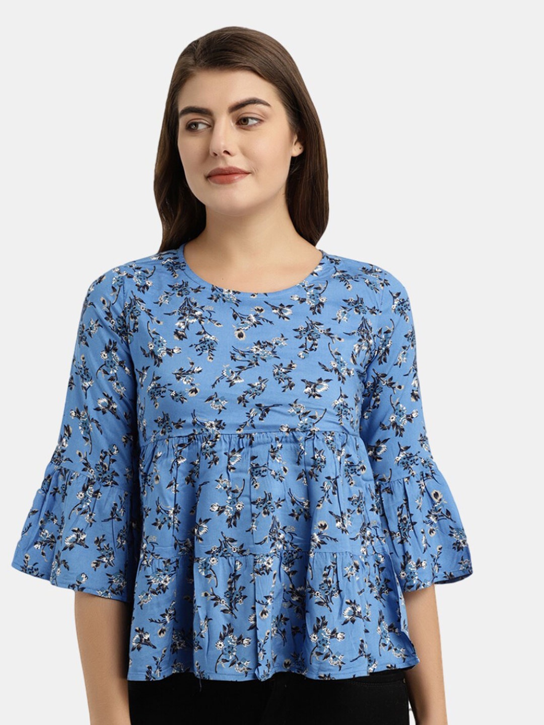 

V-Mart Blue Floral Print Round Neck Top