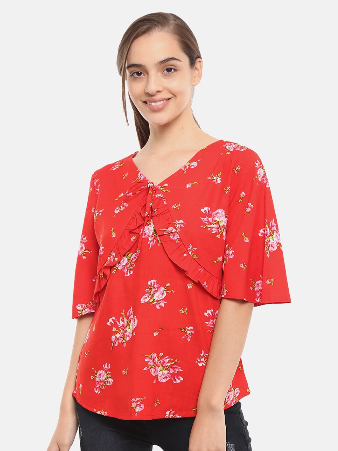 

V-Mart Red Floral Print V Neck Top