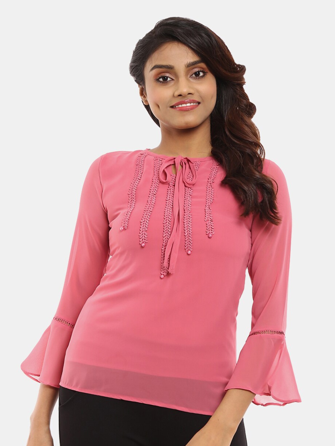 

V-Mart Pink Solid Georgette Round & Tie-Up Neck Top