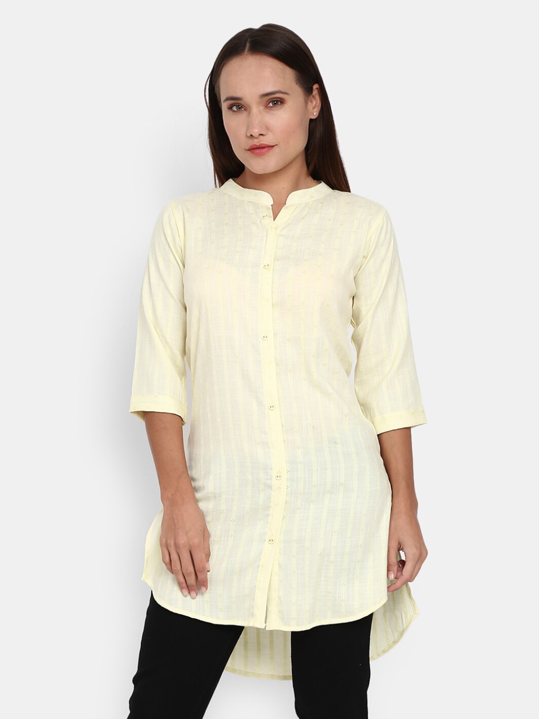 

V-Mart Yellow Mandarin Collar Solid Rayon Band Neck Shirt Style Top