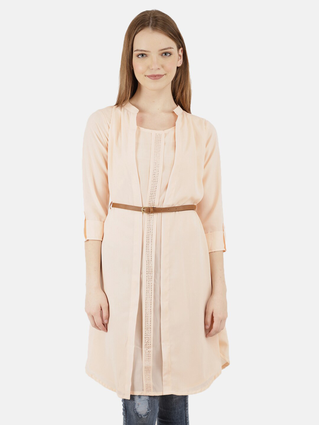 

V-Mart Peach-Coloured Mandarin Collar Longline Top
