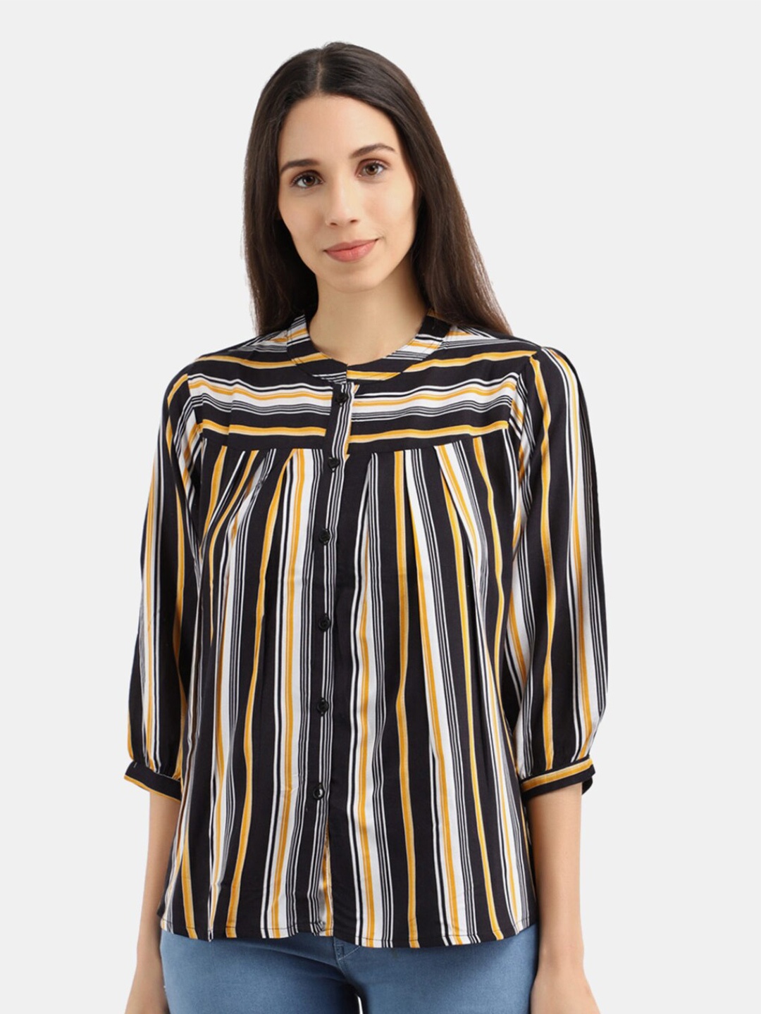 

V-Mart Multicoloured Striped Mandarin Collar Shirt Style Top, Multi