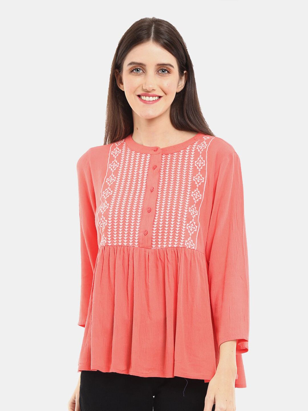 

V-Mart Peach-Coloured Women Western Solid Rayon Round Neck Geometric Top