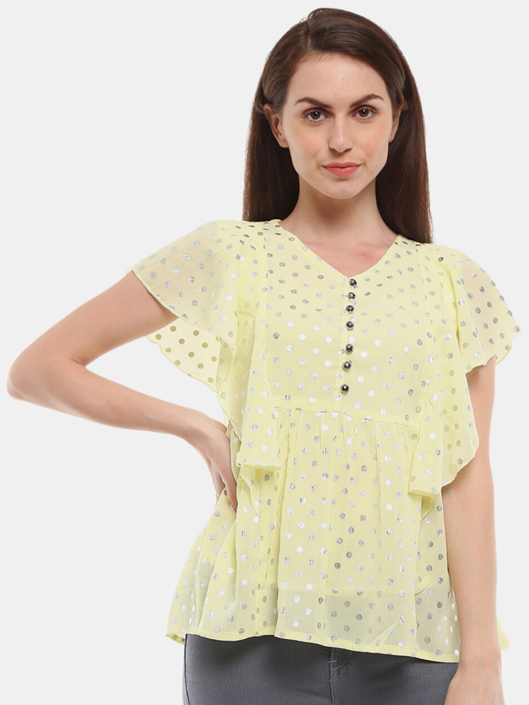 

V-Mart Women Western Polyester V Neck Yellow Print Top