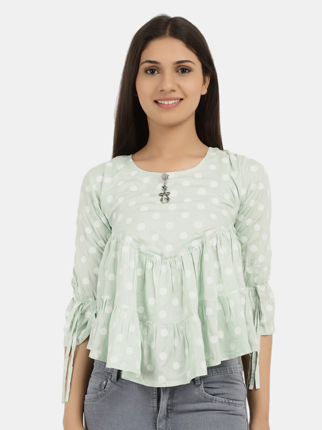 

V-Mart Green Women Western Floral Printed Rayon Round Neck Top
