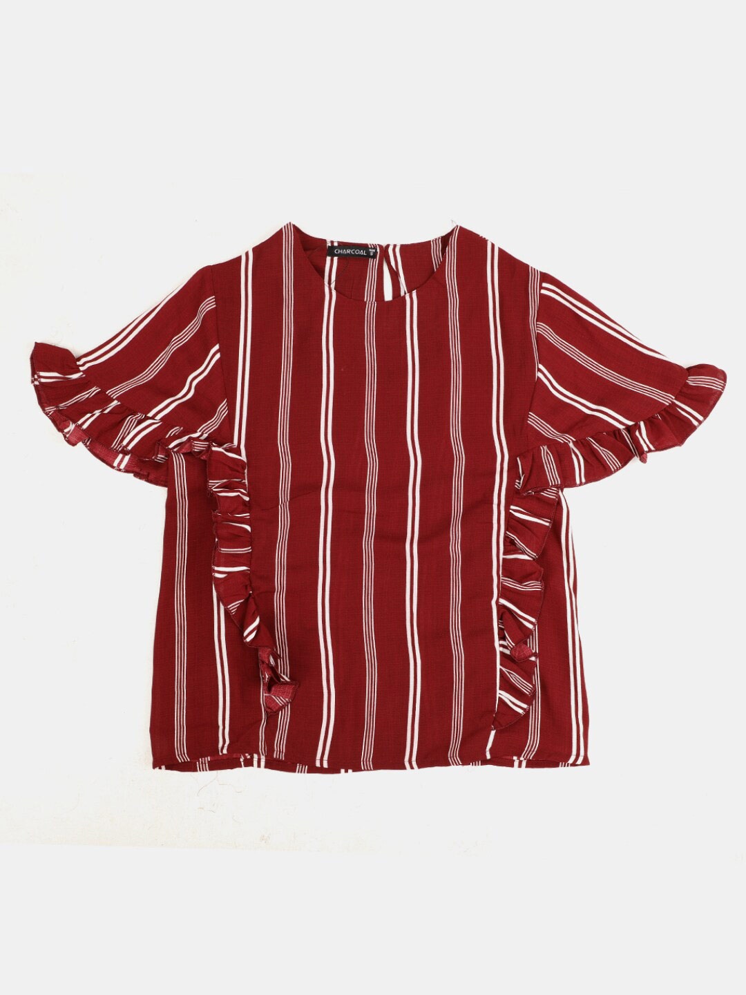 

V-Mart Maroon Women Western Stripes Georgette Round Neck Top