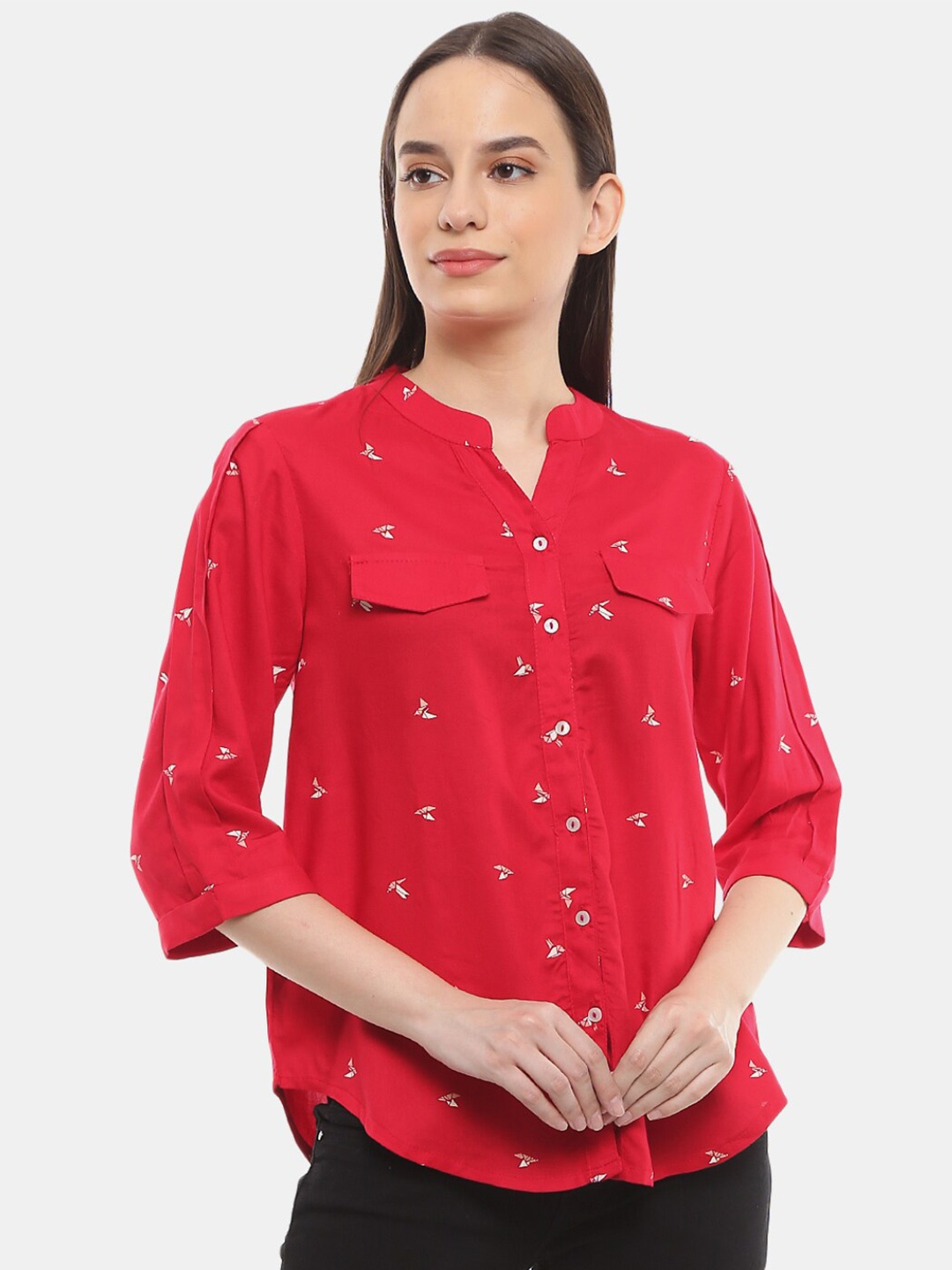 

V-Mart Pink Floral Print Mandarin Collar Shirt Style Top