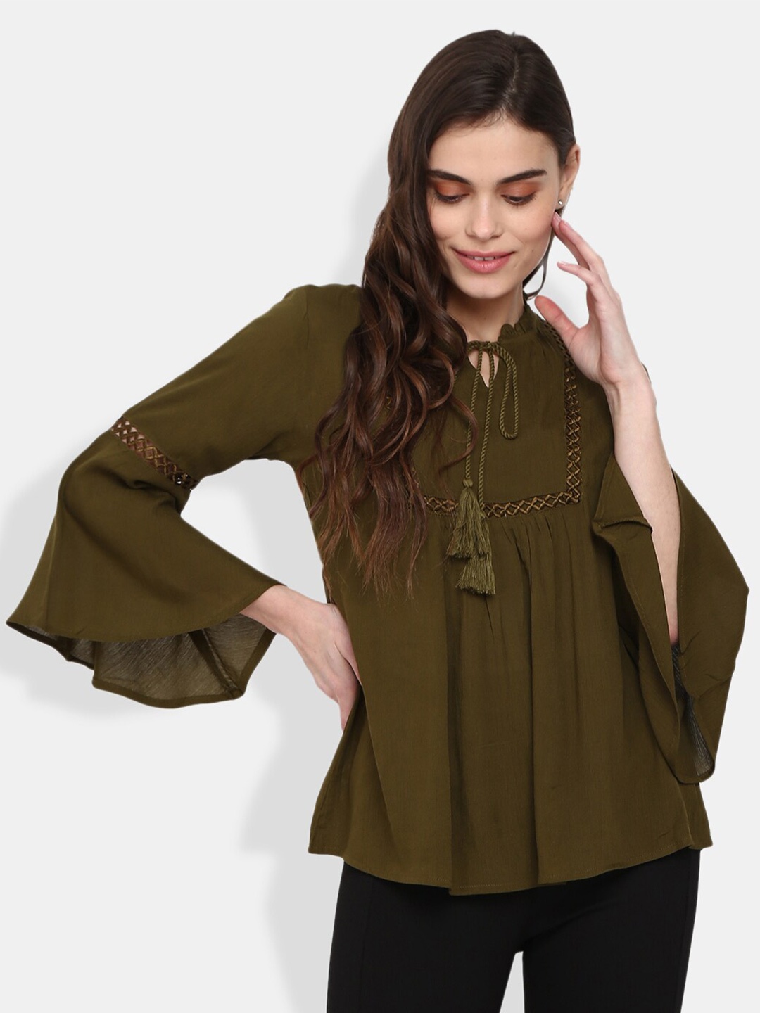 

V-Mart Olive Green Tie-Up Neck Top