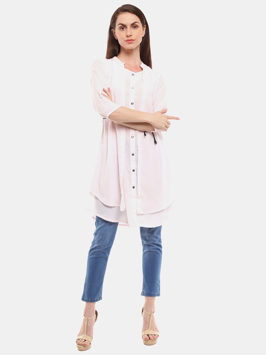 

V-Mart Women Western Solid Pink Shirt Style Longline Top