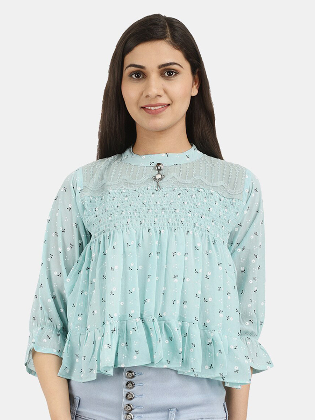 

V-Mart Green Print Mandarin Collar Top