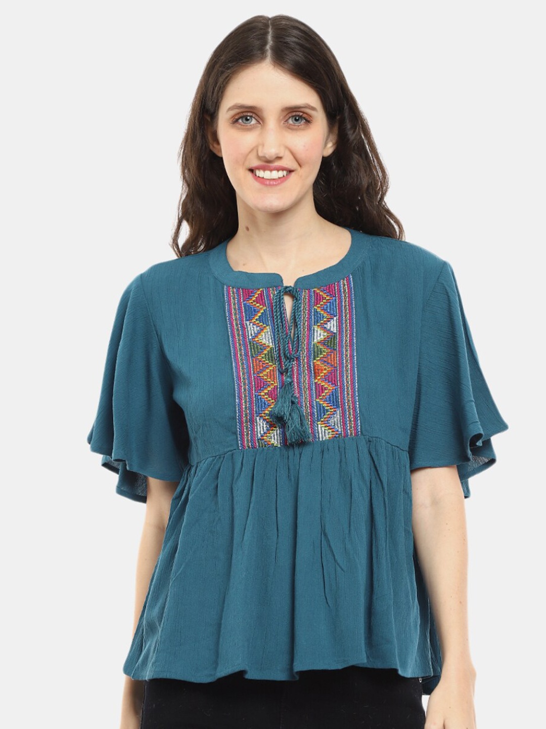

V-Mart Embroidered Tie-Up Neck A-line Top, Teal