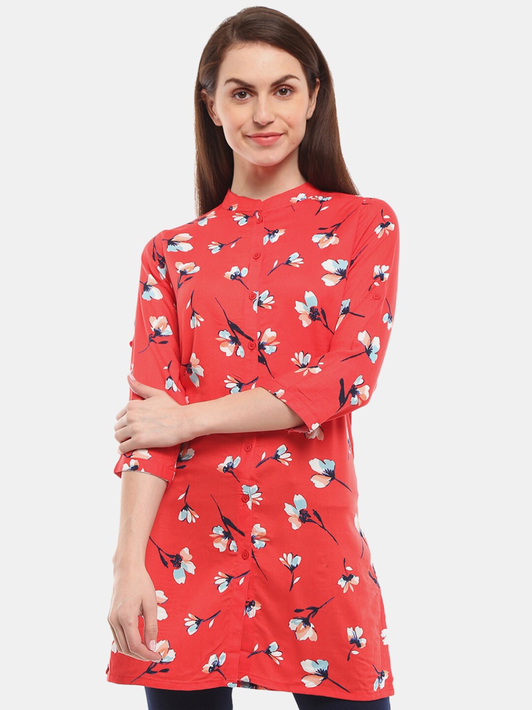 

V-Mart Red Floral Print Mandarin Collar Longline Top