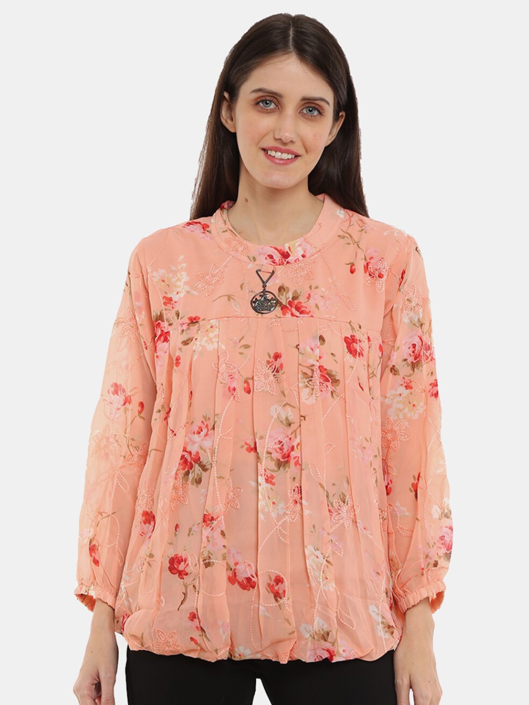 

V-Mart Peach-Coloured Floral Print Blouson Top