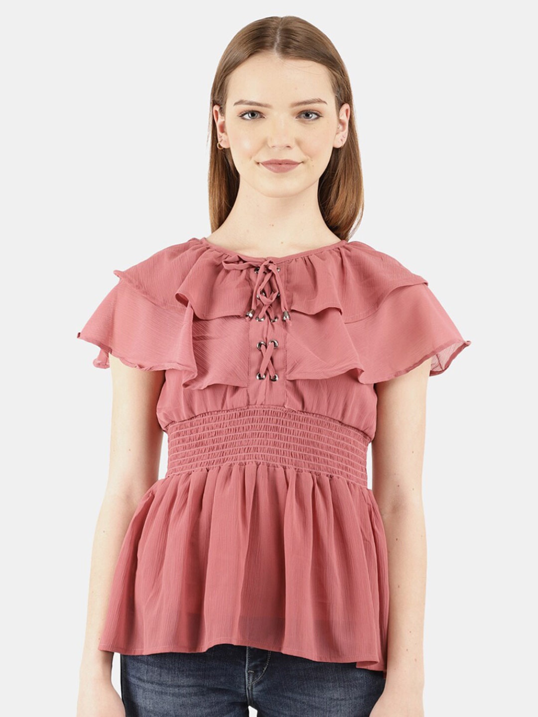 

V-Mart Women Western Solid Pink Tie-Up Neck Peplum Top