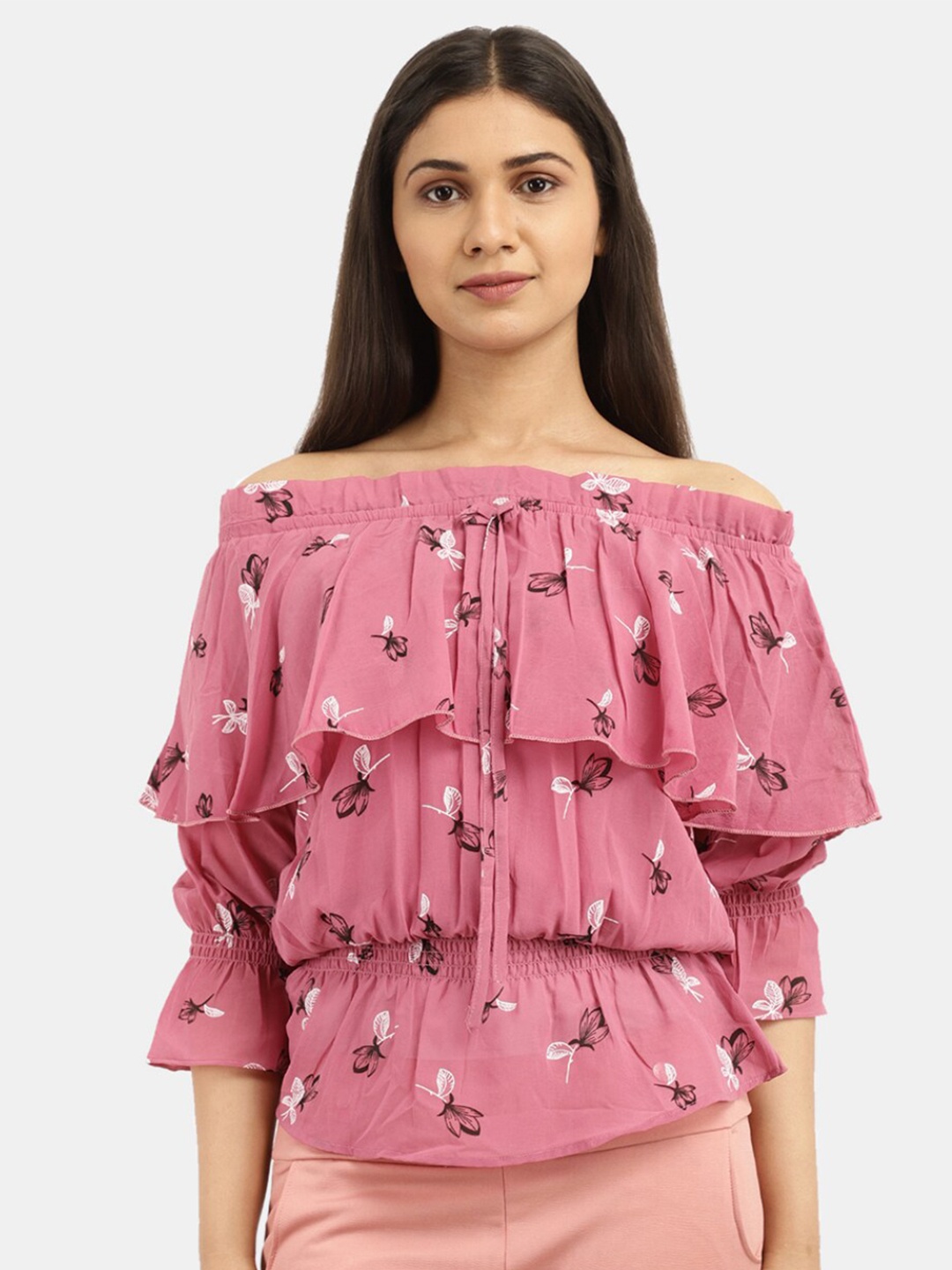 

V-Mart Women Western Floral Printed Pink Off-Shoulder Bardot Top