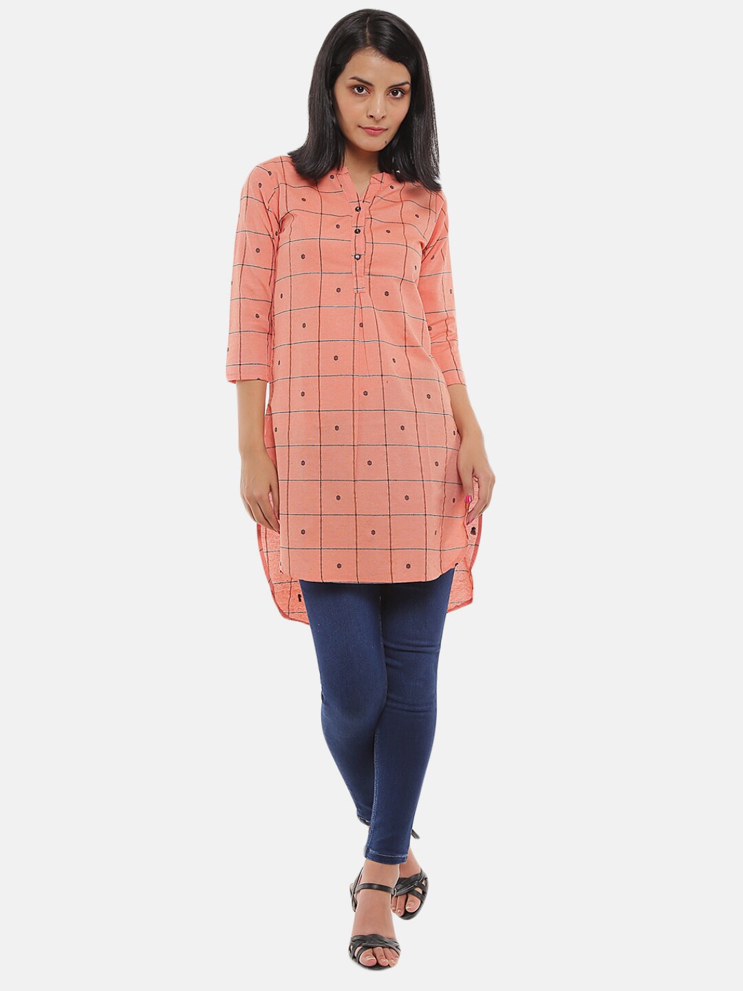 

V-Mart Women Coral Western Checks Cambric Mandarin Collar High-Low Top
