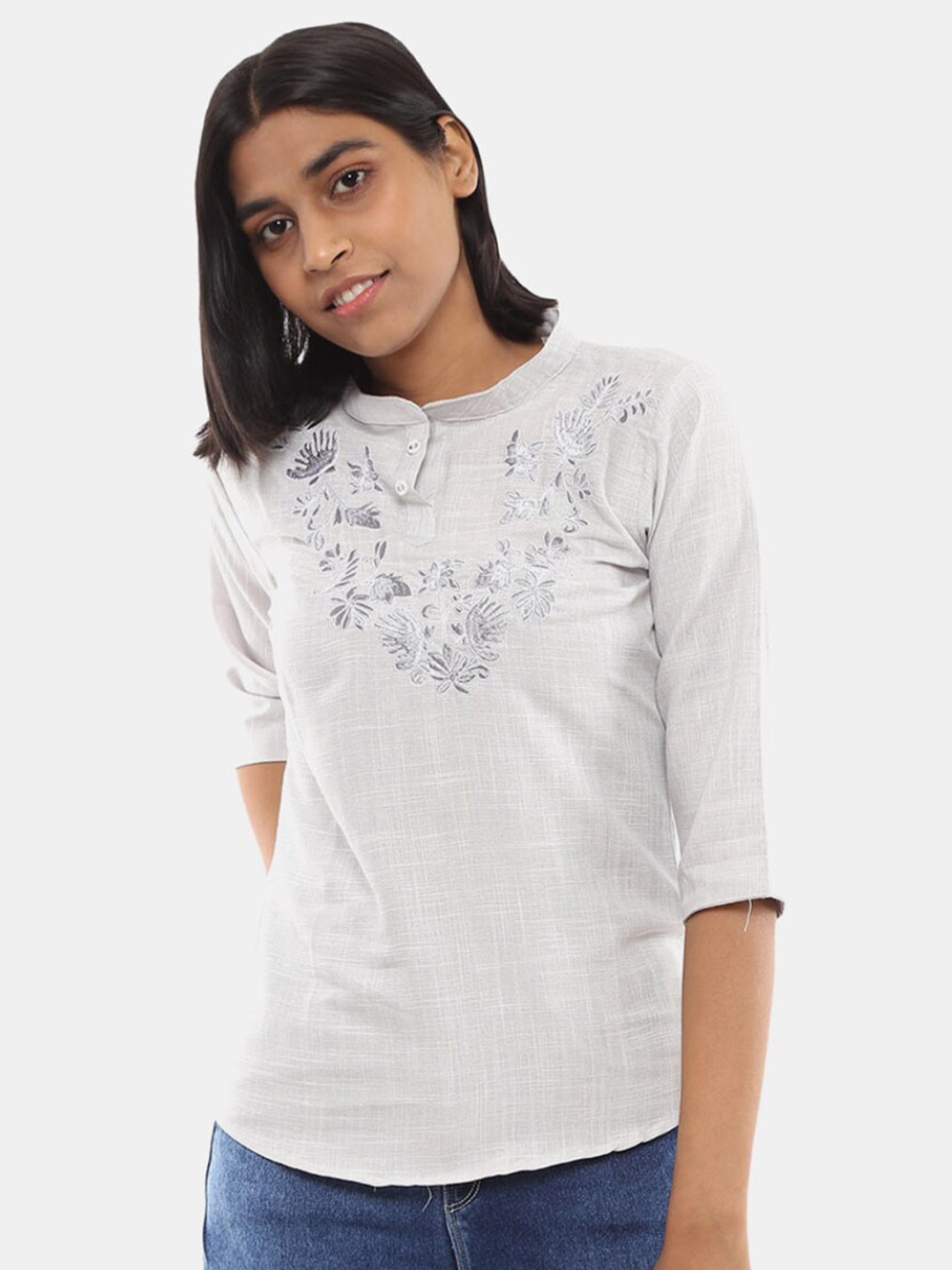 

V-Mart Grey Embroidered Top