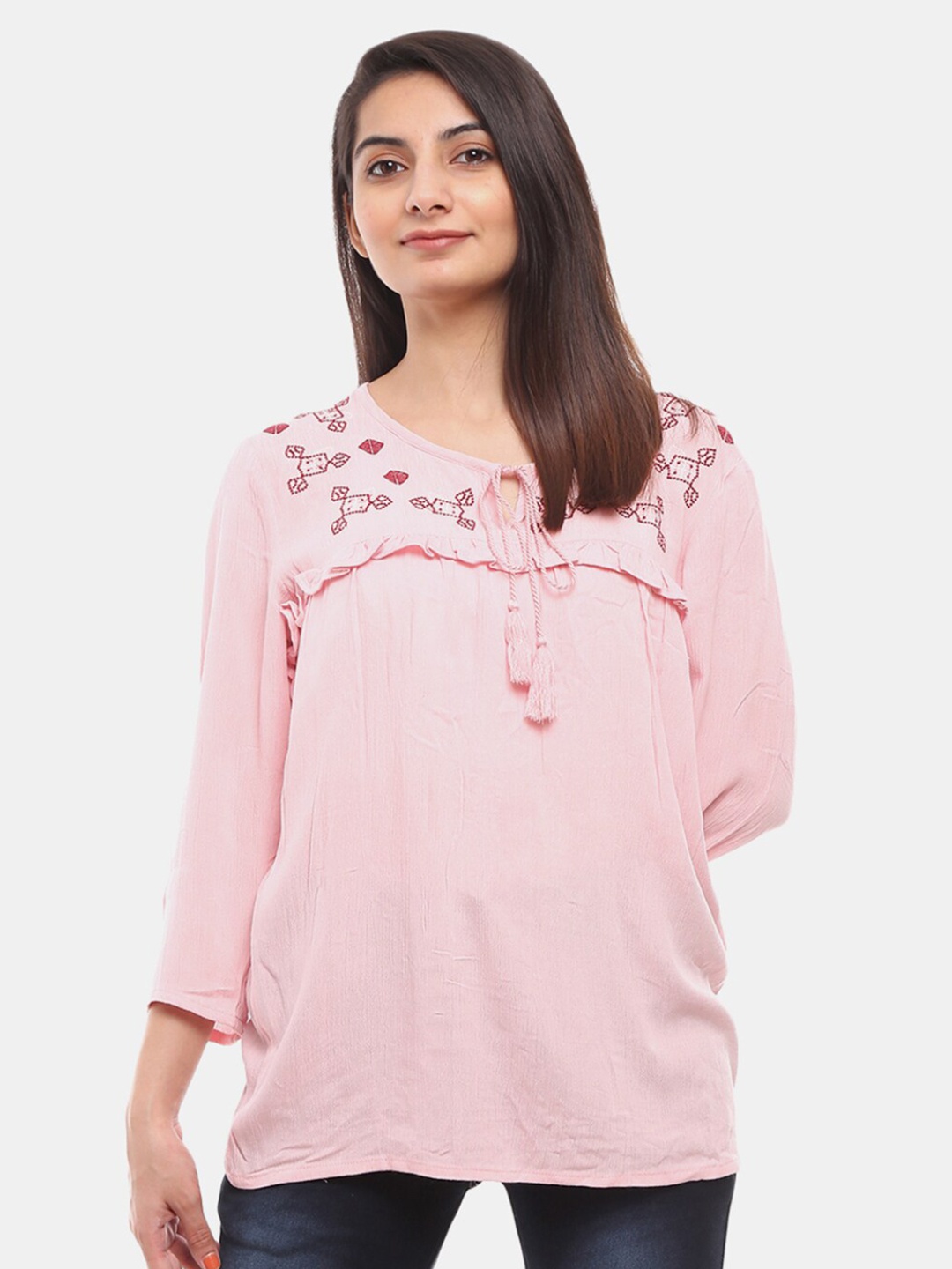 

V-Mart Women Western Pink Round Tie-Up Geometric Embroidered Neck Top