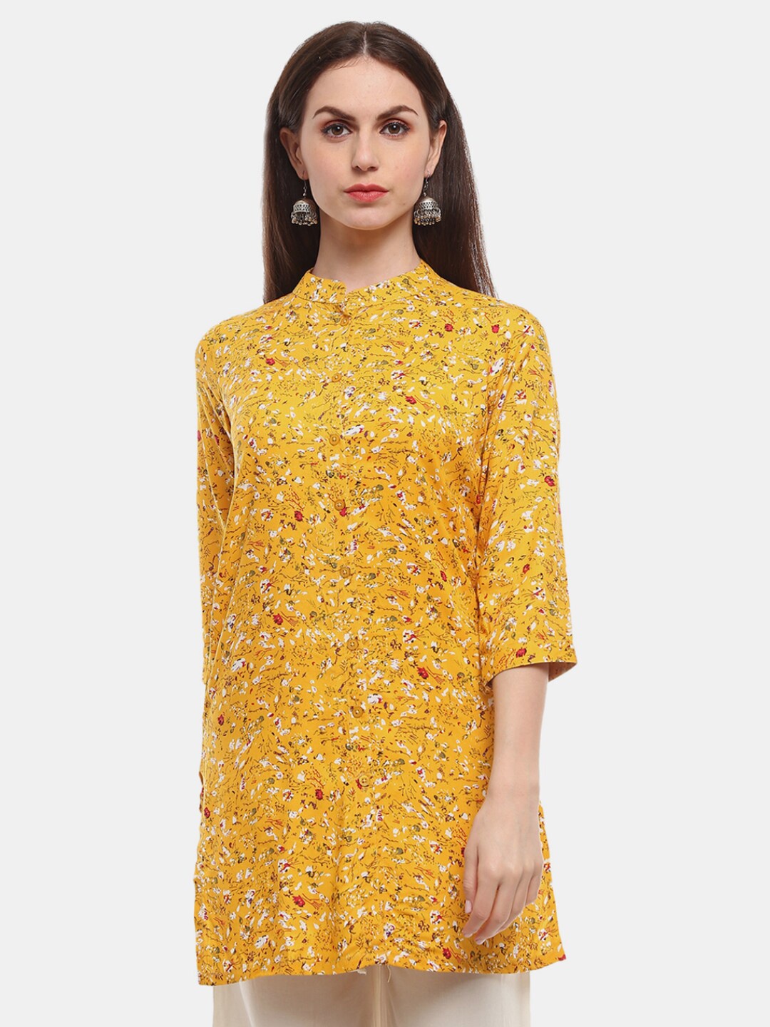 

V-Mart Women Western Mustard Yellow Floral Print Mandarin collar Longline Top