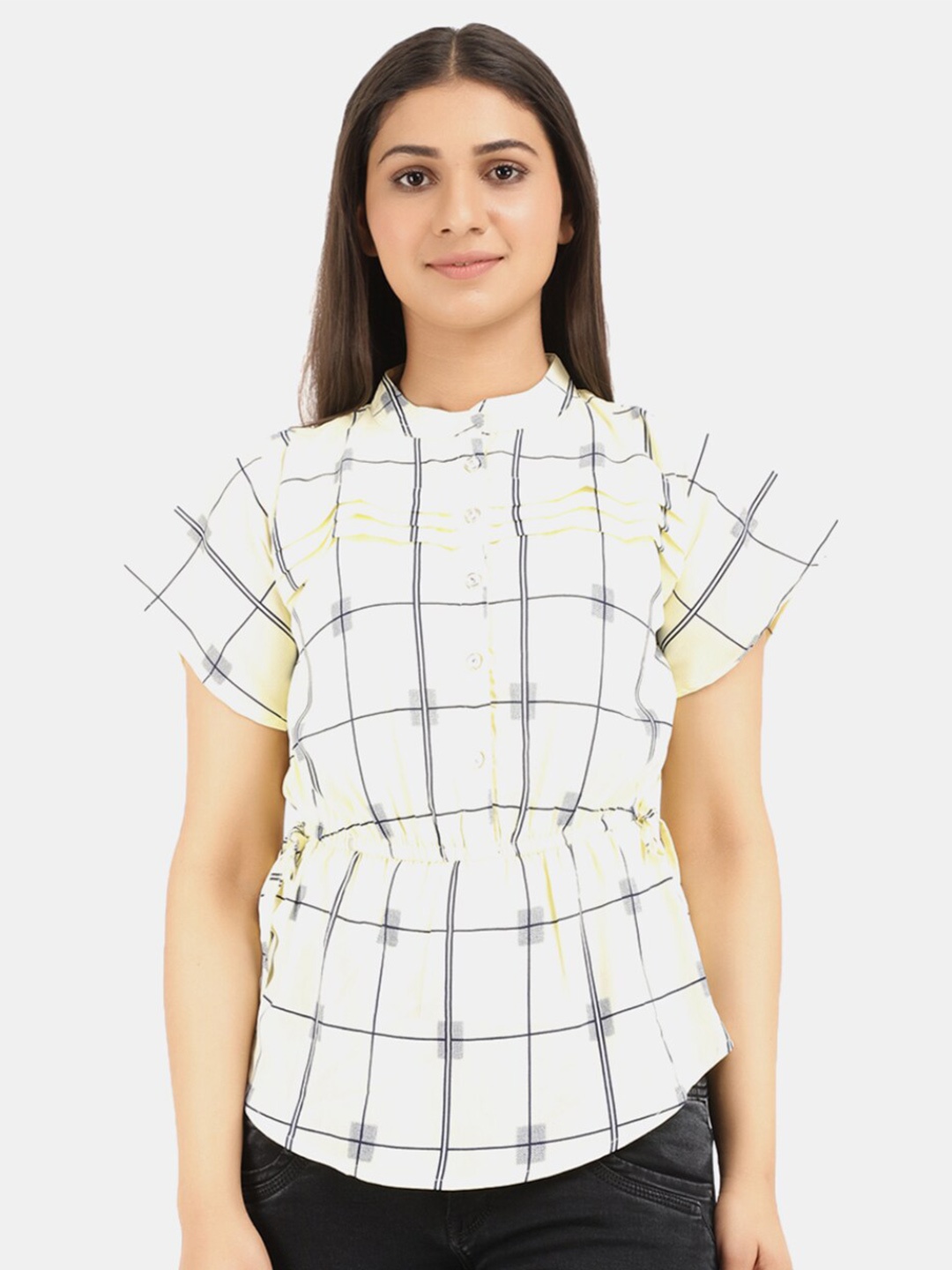 

V-Mart Women Light Yellow Western Checks Cotton Slub Mandarin Collar Cinched Waist Top