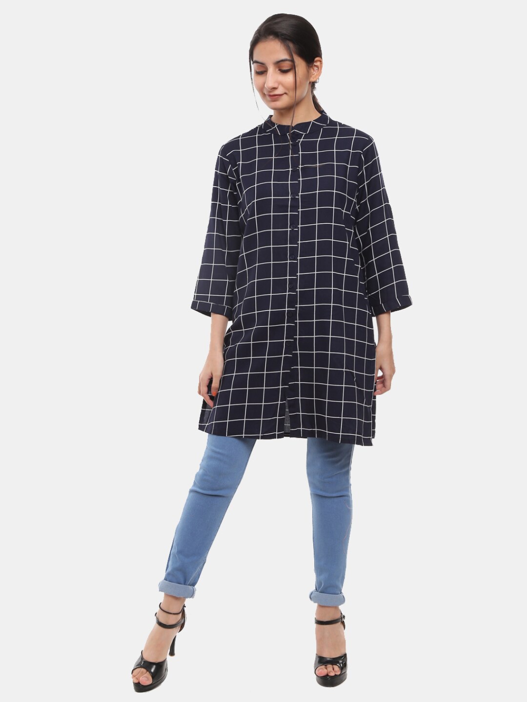 

V-Mart Women Western Navy Blue Checks Rayon Mandarin Collar Top