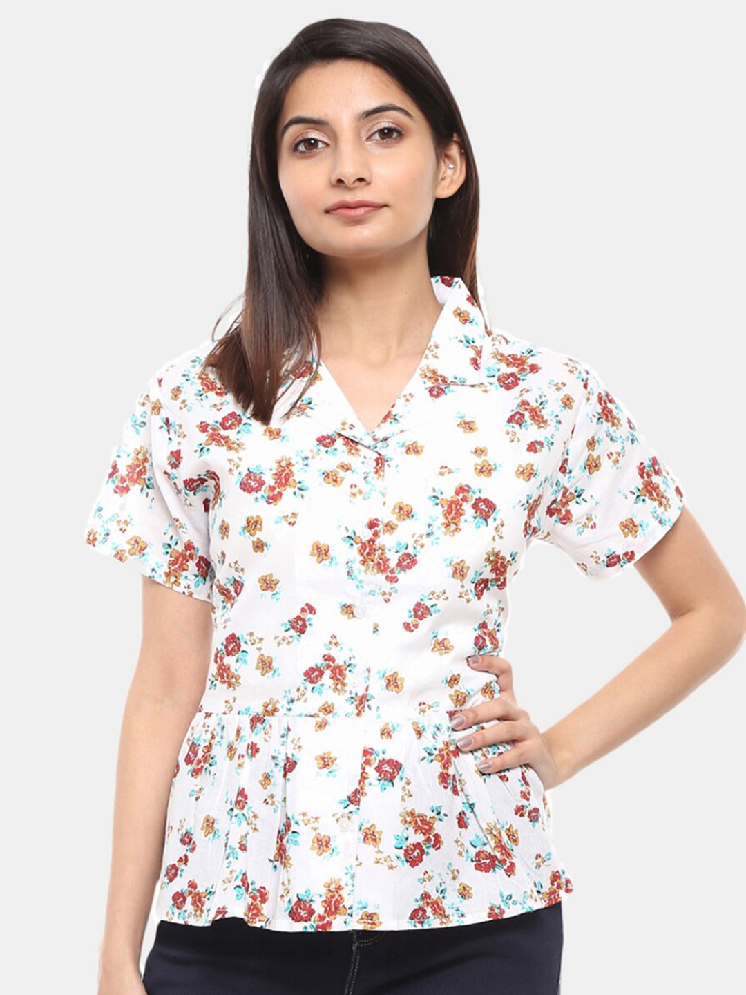 

V-Mart Women Western White Floral Print Peplum Top