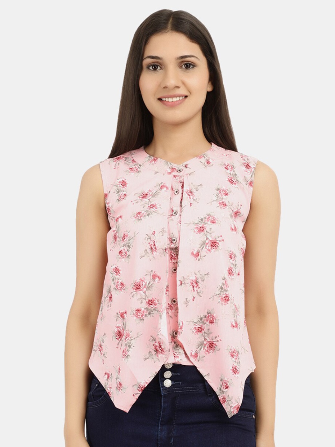 

V-Mart Women Western Pink Floral Print Mandarin Collar Top