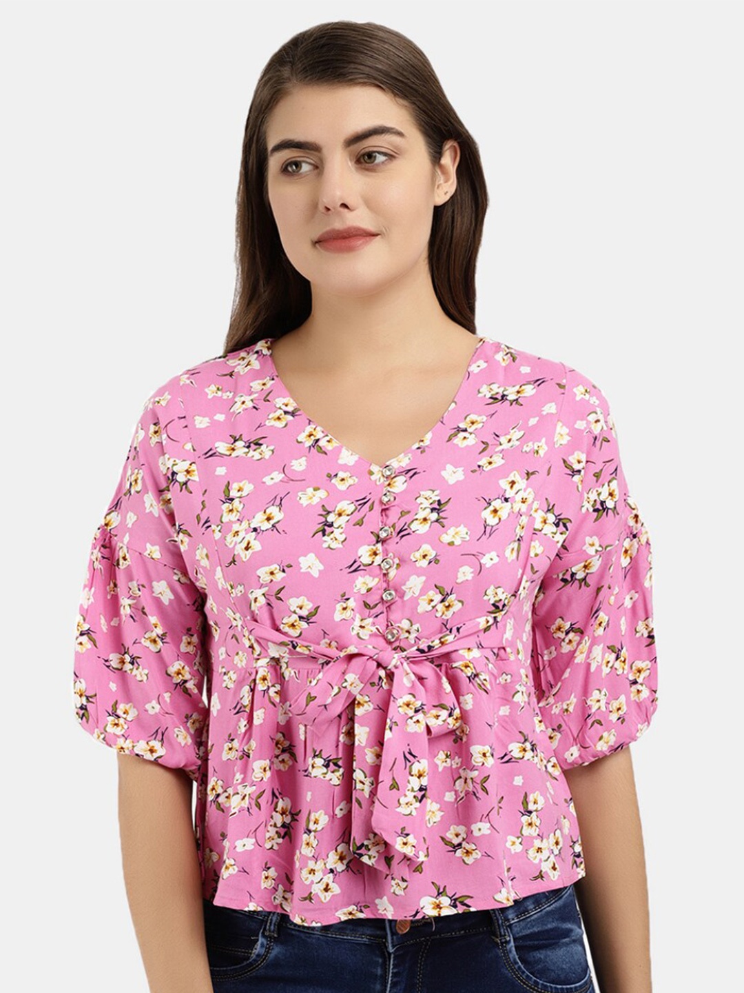 

V-Mart Women Western Pink Floral Print Rayon Cinched Waist V Neck Top