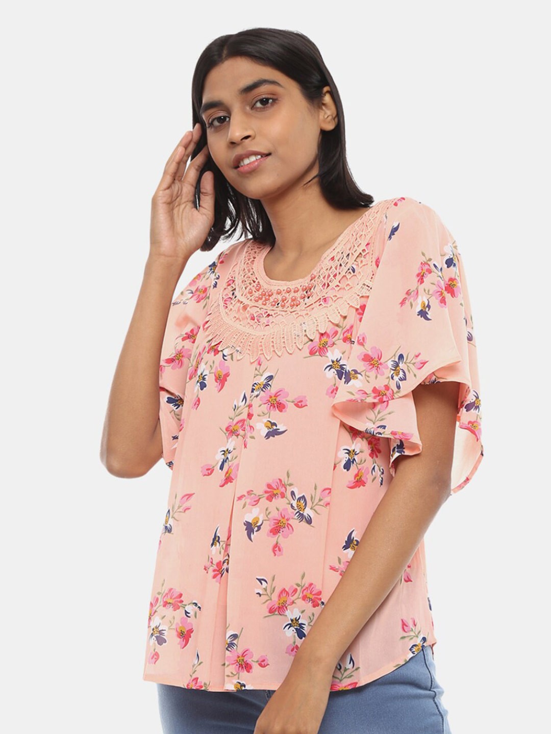 

V-Mart Women Coral Western Floral Printed Georgette Round Neck Top, Multi