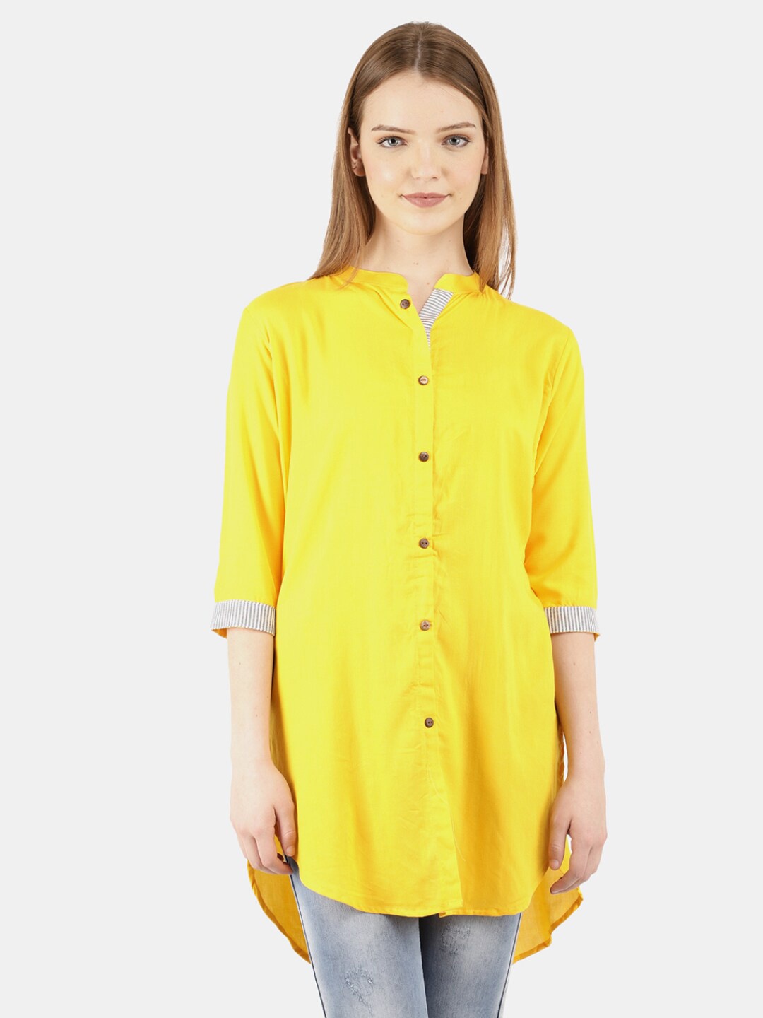 

V-Mart Women Solid Mustard Yellow Mandarin Collar Shirt Style High-Low Top