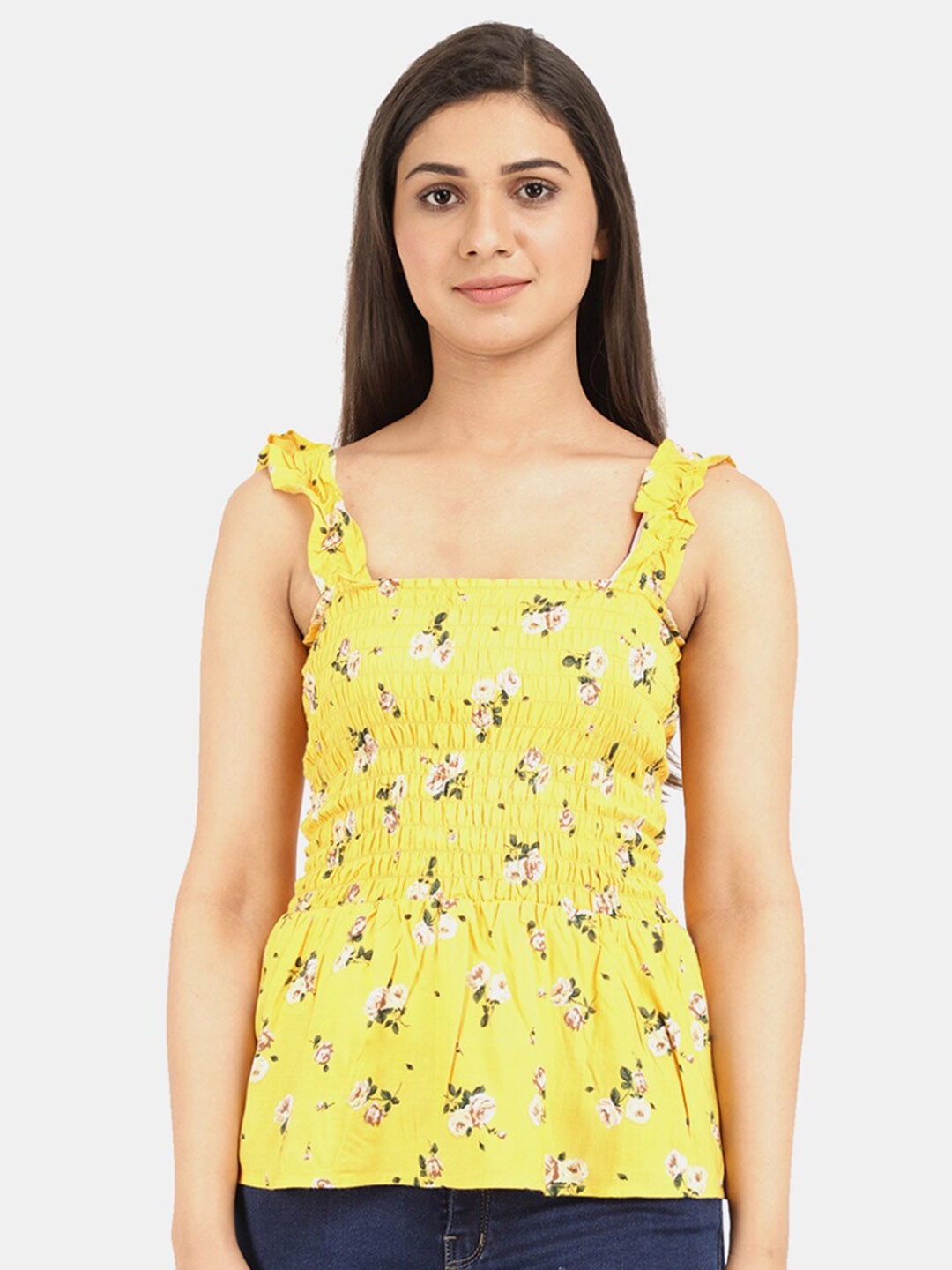 

V-Mart Women Western Mustard Yellow Floral Printed Shoulder strap Top