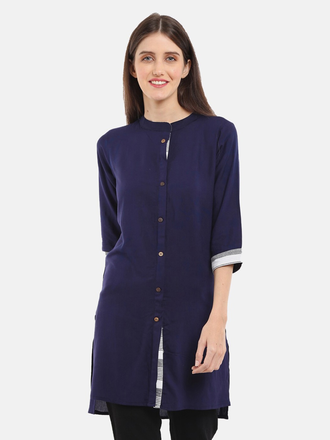 

V-Mart Women Western Solid Navy Blue Mandarin Collar Shirt Style High-Low Top