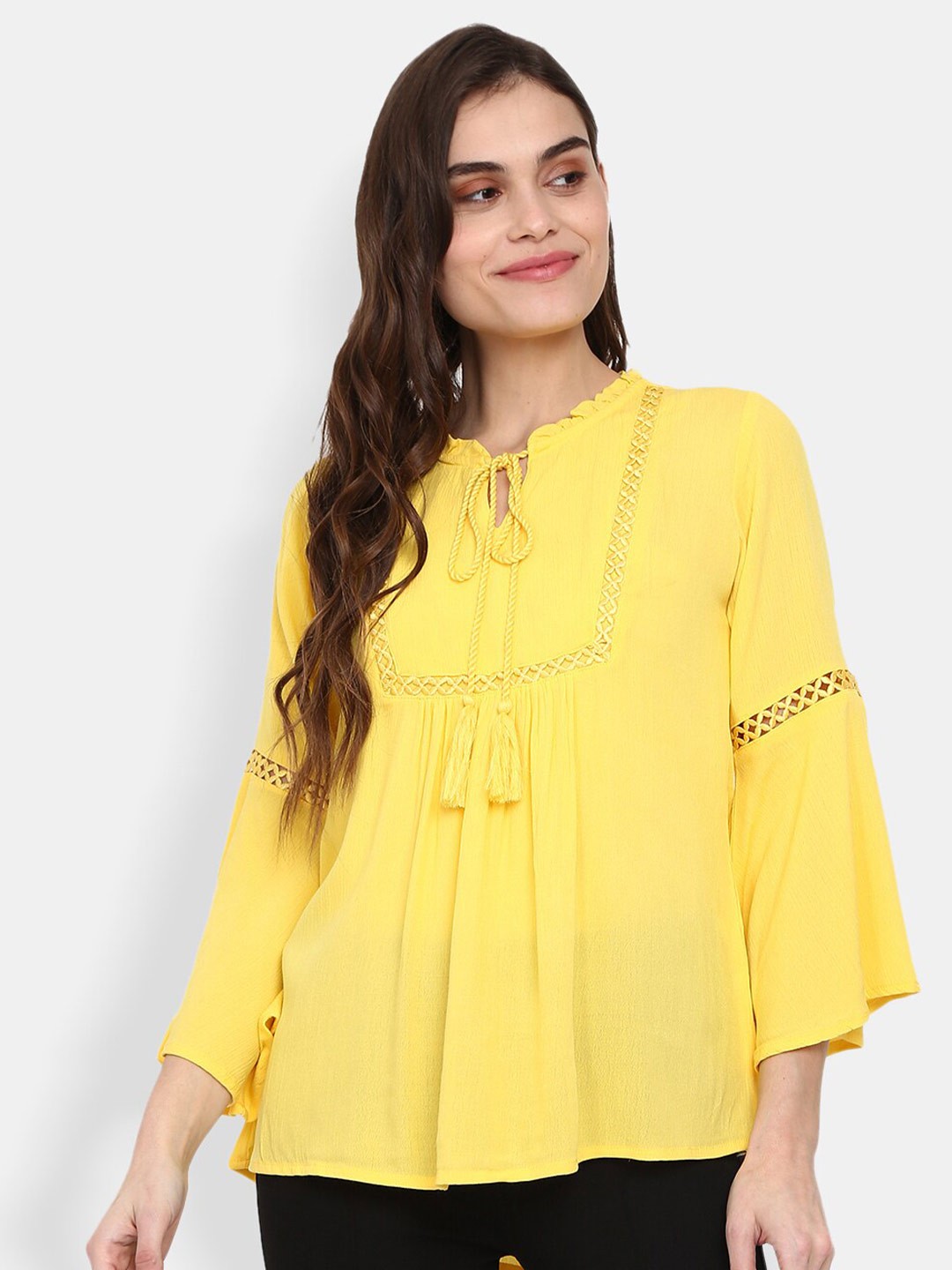 

V-Mart Women Yellow Solid Tie-Up Neck Top