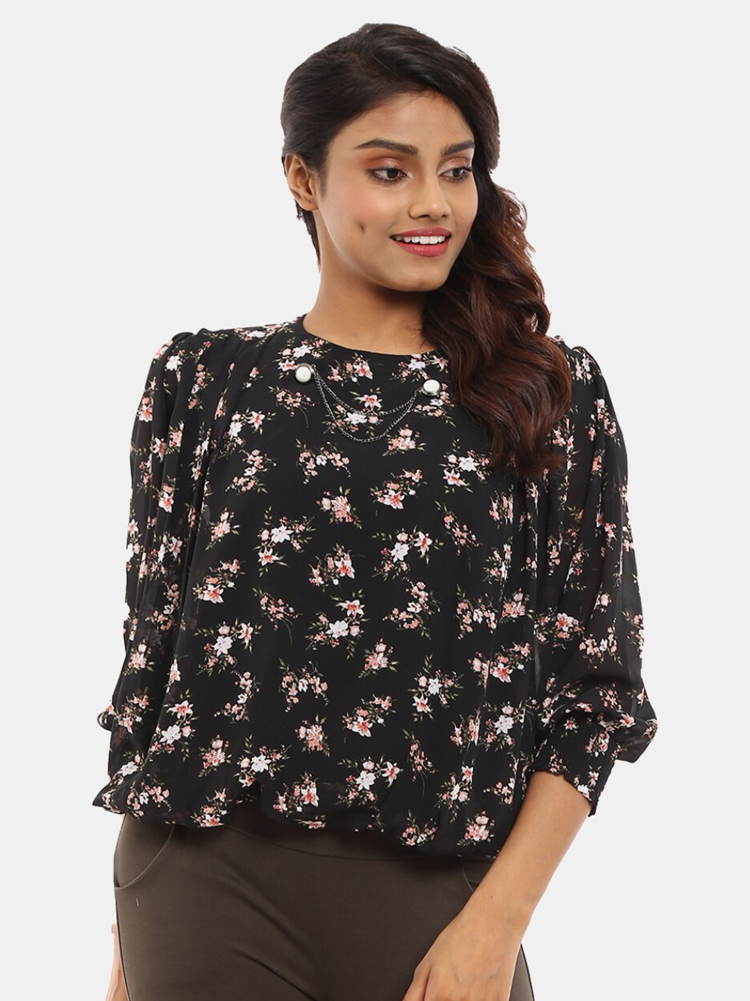 

V-Mart Women Western Floral Printed Round Neck Black Top