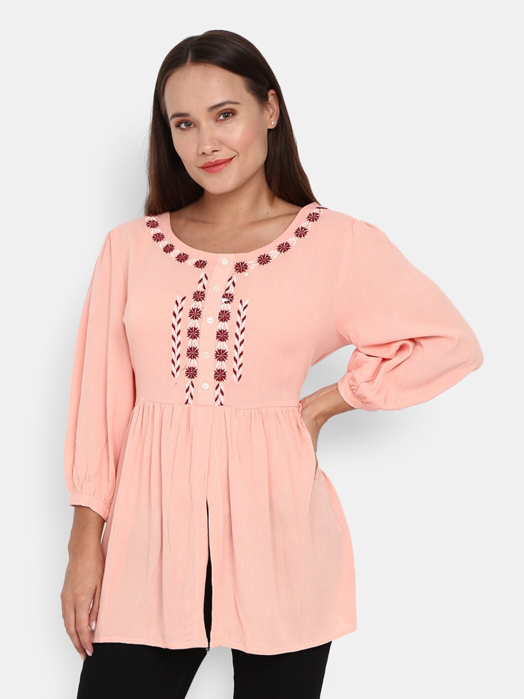 

V-Mart Women Western Peach-Coloured Self Design Embroidered Empire Top