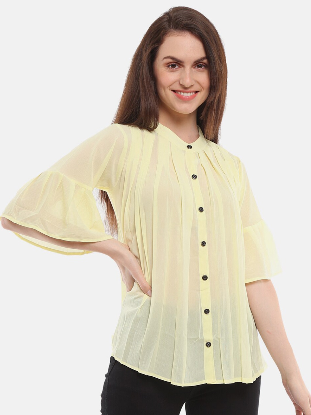 

V-Mart Women Western Solid Yellow Mandarin Collar Shirt Style Top