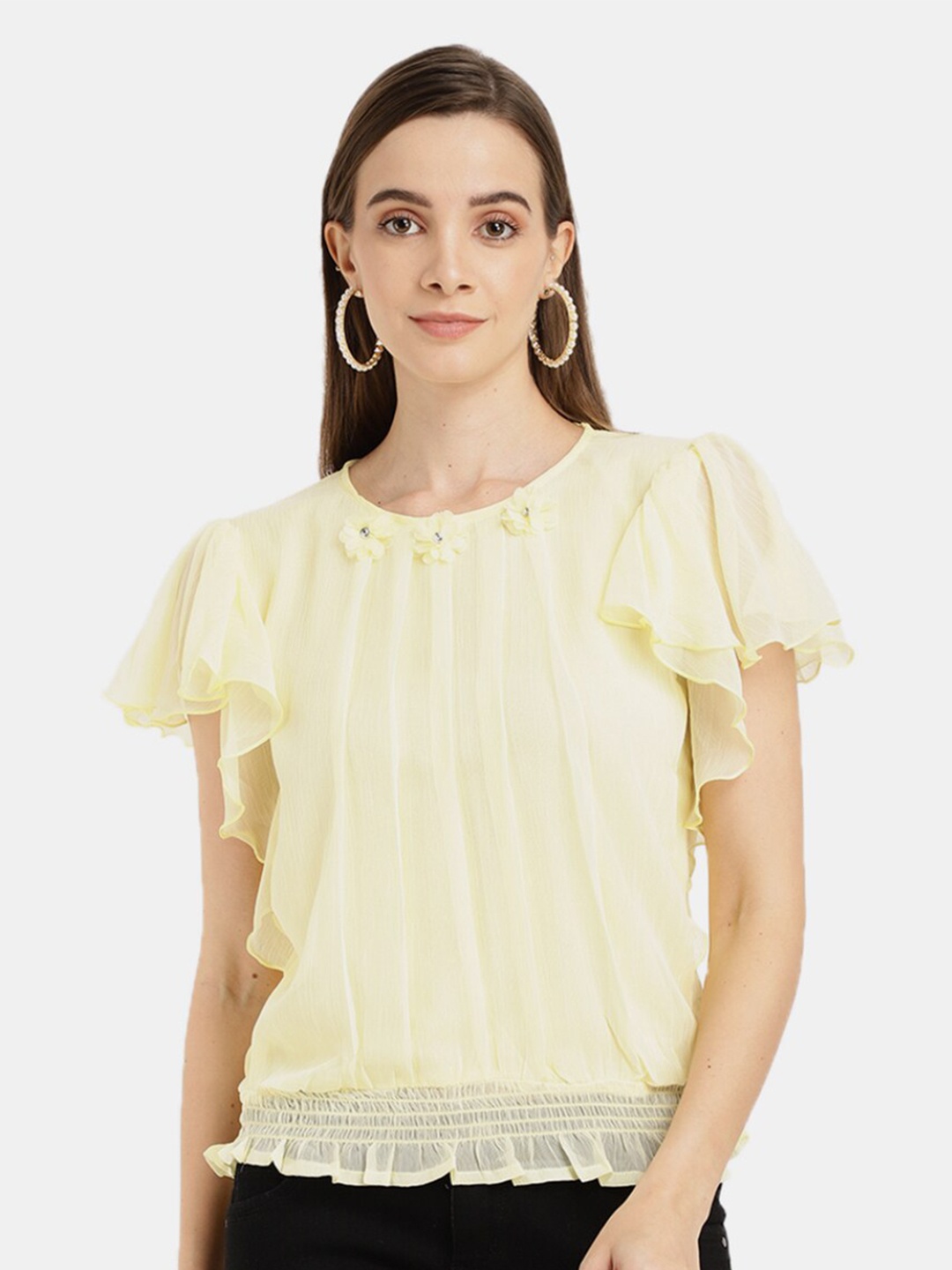 

V-Mart Women Western Solid Yellow Blouson Top
