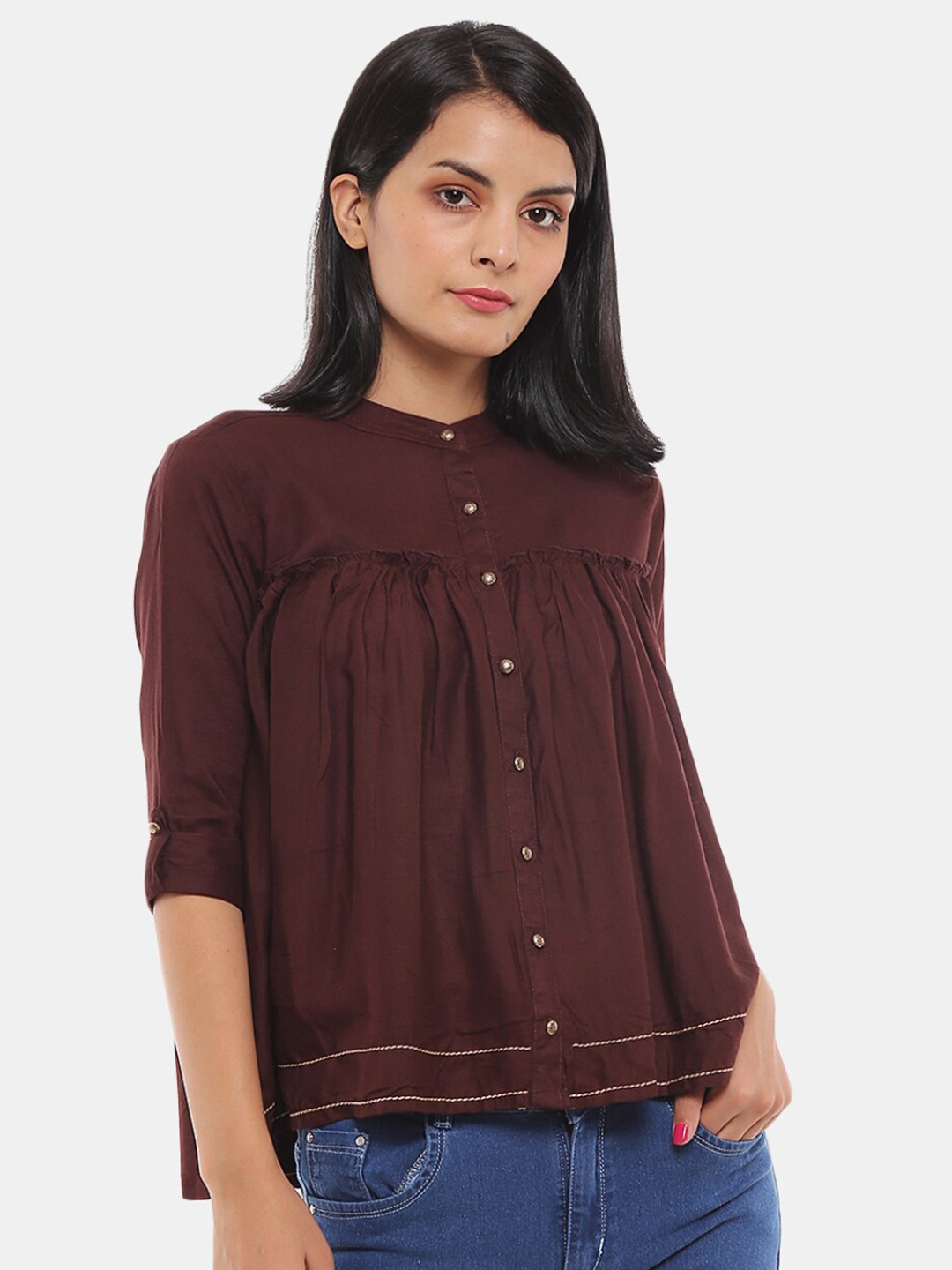 

V-Mart Women Western Solid Brown Mandarin Collar Shirt Style Top