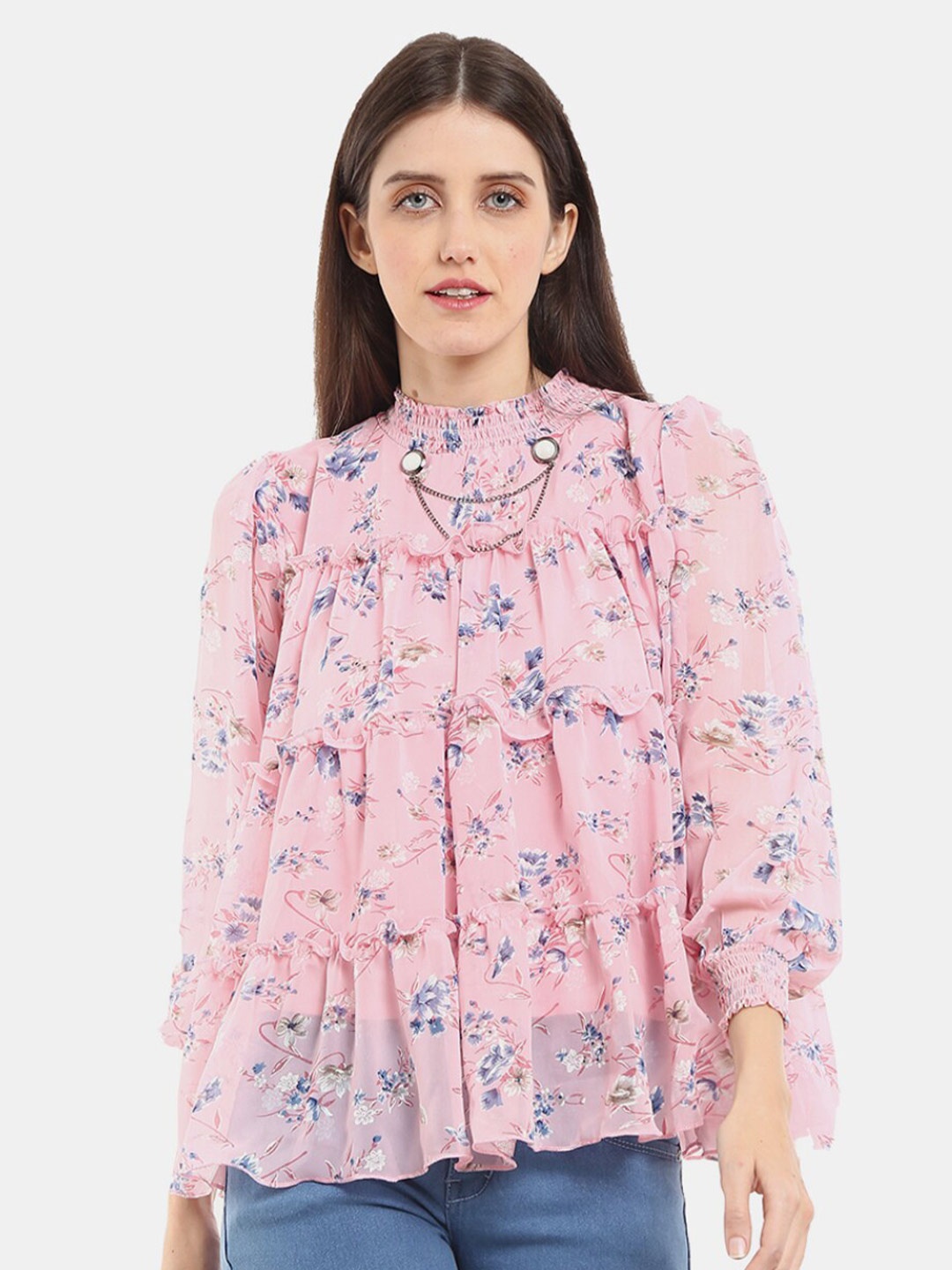 

V-Mart Women Western Light Pink Floral Print Tiered Top