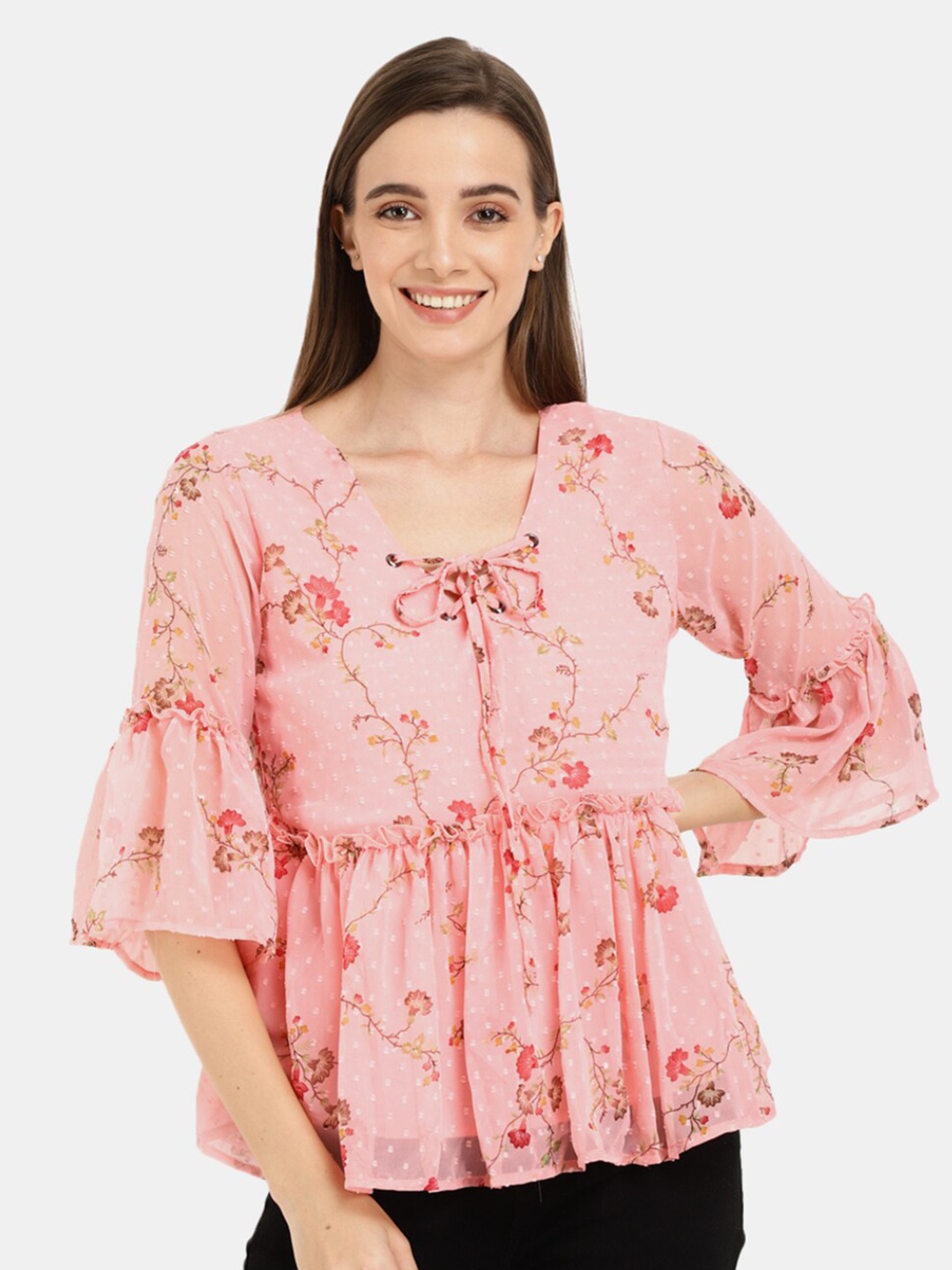 

V-Mart Women Western Peach-Coloured Floral Print Tie-Up Neck Peplum Top